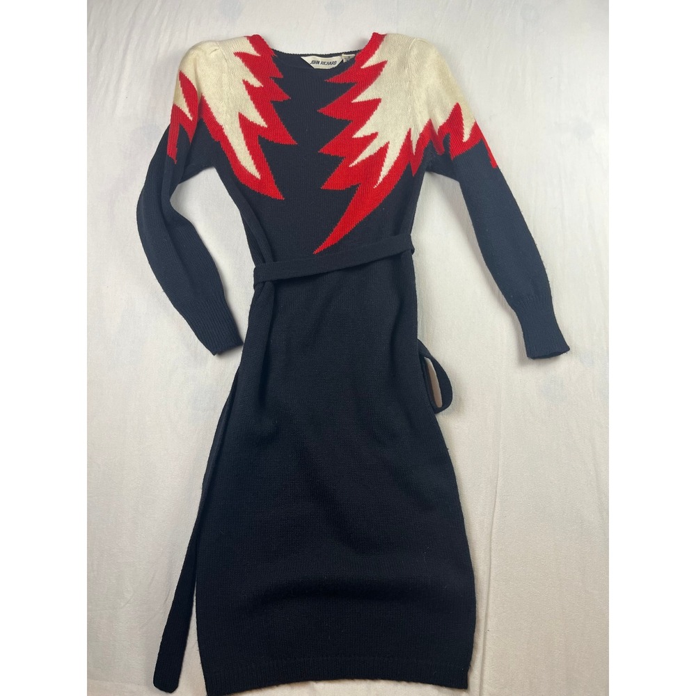 John Richard Vintage Wool Angora Knit Sweater Dress Black Red Lightning Bolt S